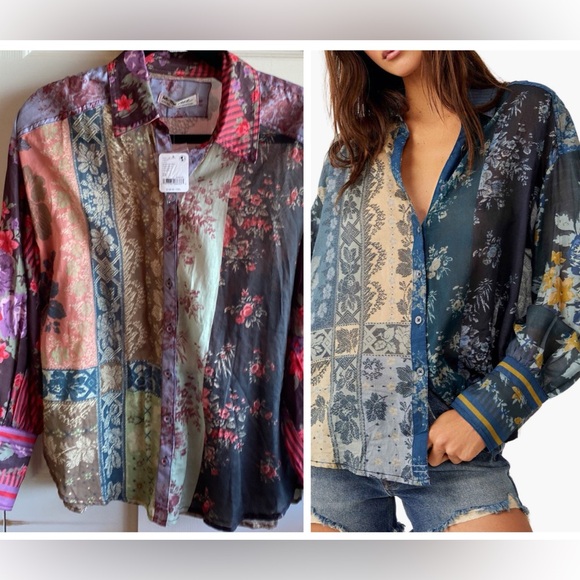 Free People NWT Flower Patch Boho Mixed Print Cotton Button-Up Shirt size XS - Picture 6 of 14